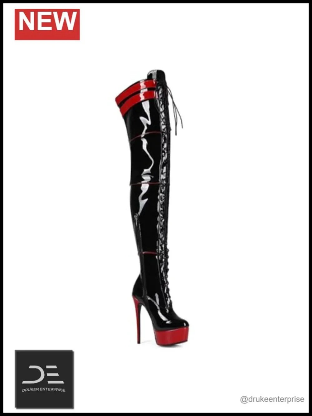 Stiletto Platform Over The Knee Lace Up Boots, Patent, Extra Large Sizes,